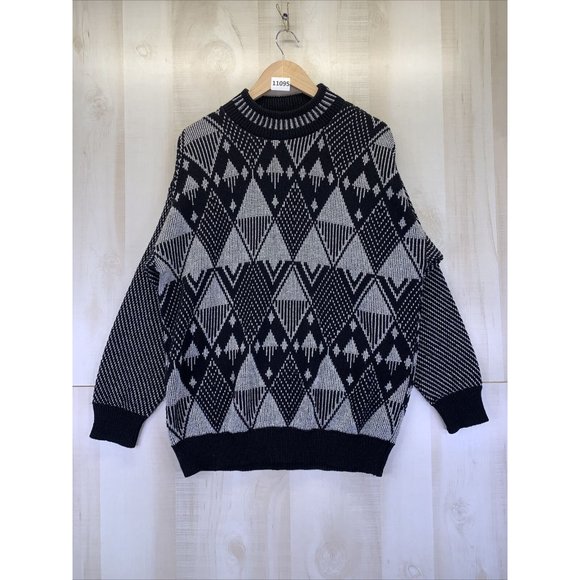 Vintage 90s Fortune Knits USA Black Silver Geometric Long Sleeve Womens Sweater - Picture 1 of 7